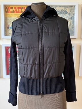 Vintage Black Rib Knit Puffer Zip Jacket | Y2K Sport Luxe | Utility Minimalist